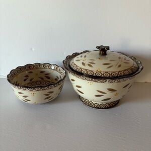 Temptation Old World Brown Pattern Covered Dish & Bowl 3QT & 1.5 QT